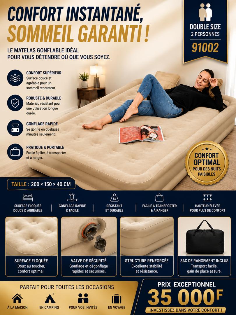 MATELAS GONFLABLE CONFORT – 1, 2 PLACES
Transformez n’importe quel espace en un lit confortable en quelques minutes ! Idéal pour la maison, les invités, les voyages ou même le camping et orthopédique .