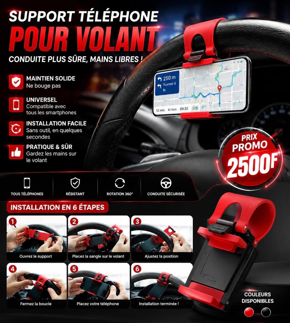 Prix : 2500f au lieu de 16000f .
Support universel pour téléphone de voiture, support de volant en plastique, support de téléphone portable, support à clipser sur moto et vélo , durable et facile à transporter .