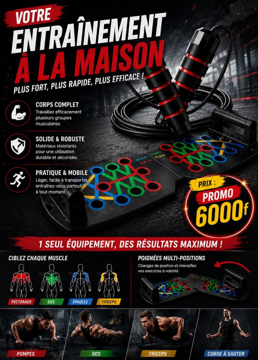 Prix : prix 6000f au lieu de 12000f .
Découvrez notre planche à pompe multifonction + corde à sauter. Tu peux te muscler à la maison.