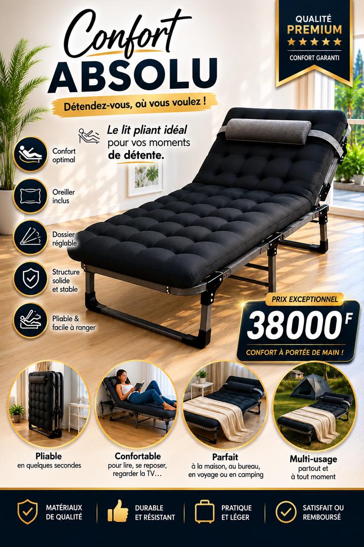 Prix : 38000f au lieu de 58000f . Lit pickot orthopédique, confort et bien être. Offrez-vous un sommeil réparateur avec notre lit pickot, de haute qualité. Parfait pour le repos, les massages, les patients et camping.