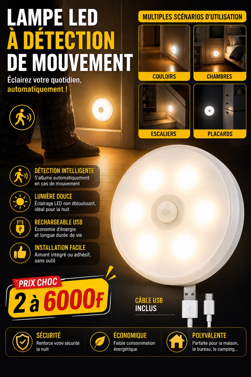 Prix : 2 à 6000f au lieu 12000f . Veilleuse LED aste pas USB avec détecteur de mouvement, lampe sans fil pour armoire de cuisine, lampe de garde robe, lumière d'escalier.