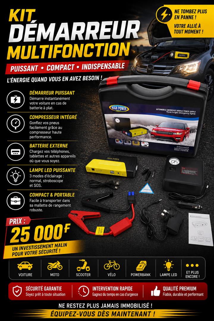Prix : 25000f au lieu 58000f . HIGH POWER 50800 mAh. Démarreur d'urgence automobile en cas batterie faible. Compresseur pneu, power Bank pour ordinateur, pour téléphone, torche avec plusieurs modes.