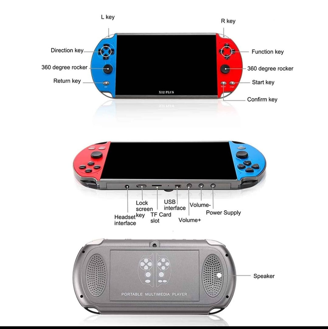 Console de jeux x12. Portable, puissante et pleine de nosta. Plus de 3500 jeux intégrés, les classiques de votre enfance ( PS1, NES, Game, batterie 1800mAh ( rechargeable via USB, musique, Bluetooth connecté.