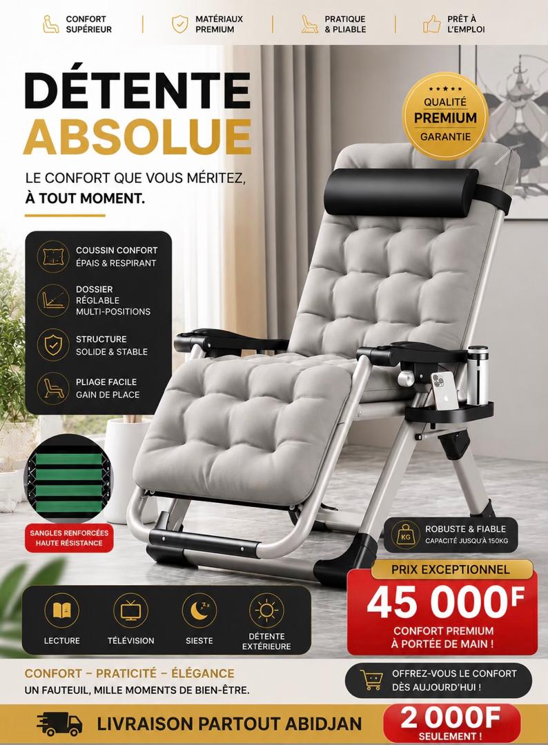Prix : promo 45000f au lieu de 68000f
☑️ chaise pliante robuste orthopédique avec mousse rembouree , relaxe , confortable à l’emploi.
Facile à ranger grâce à leur design pliable
Solide, et pratique et pose café .
Camping et pour la famille.
