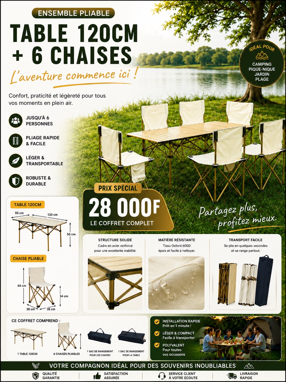 Prix : Promo 28000f au lieu de 68000f .
Table + 6 chaises pliable solide pour camping, se transforme en petite valise , elle est entièrement non encombrante , facile à transporter, matière en inoxydable.