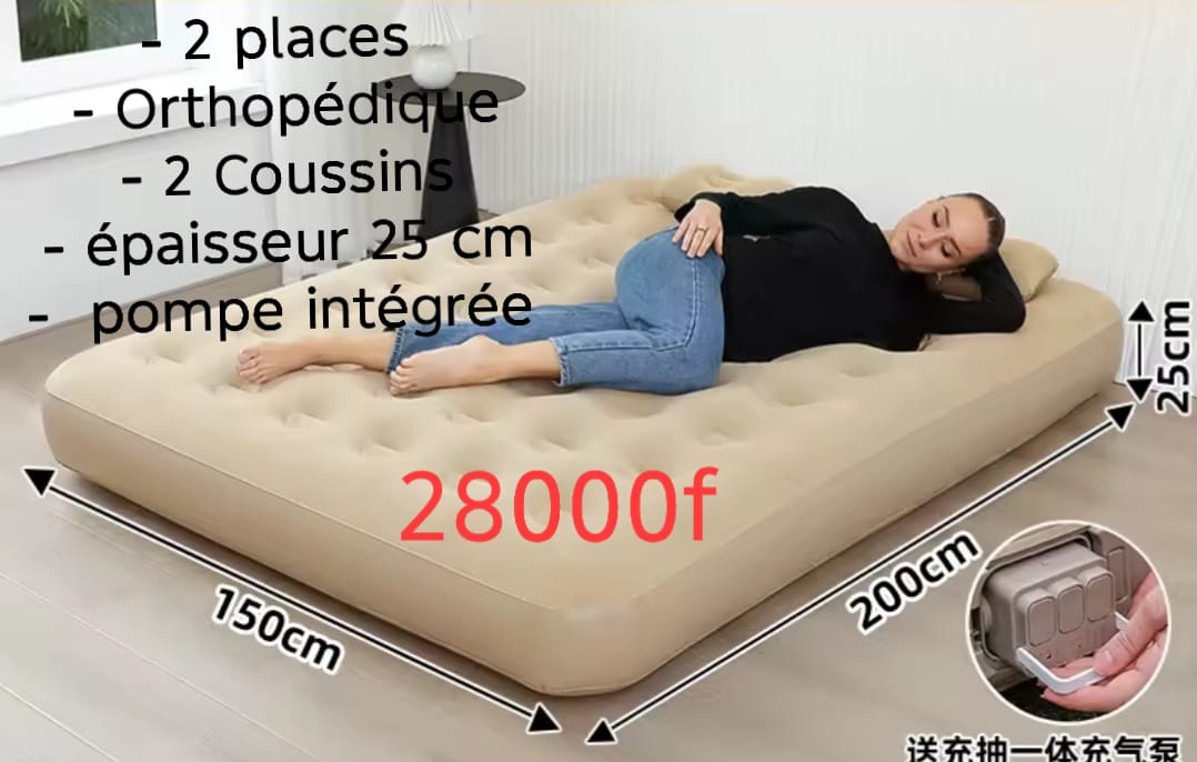 Prix : Promo 28000f au lieu de 48000f
Matelas gonflable à couchage orthopédique en polyester fabriquer avec de la matière durable. Idéal pour tout types d'endroits et camping.