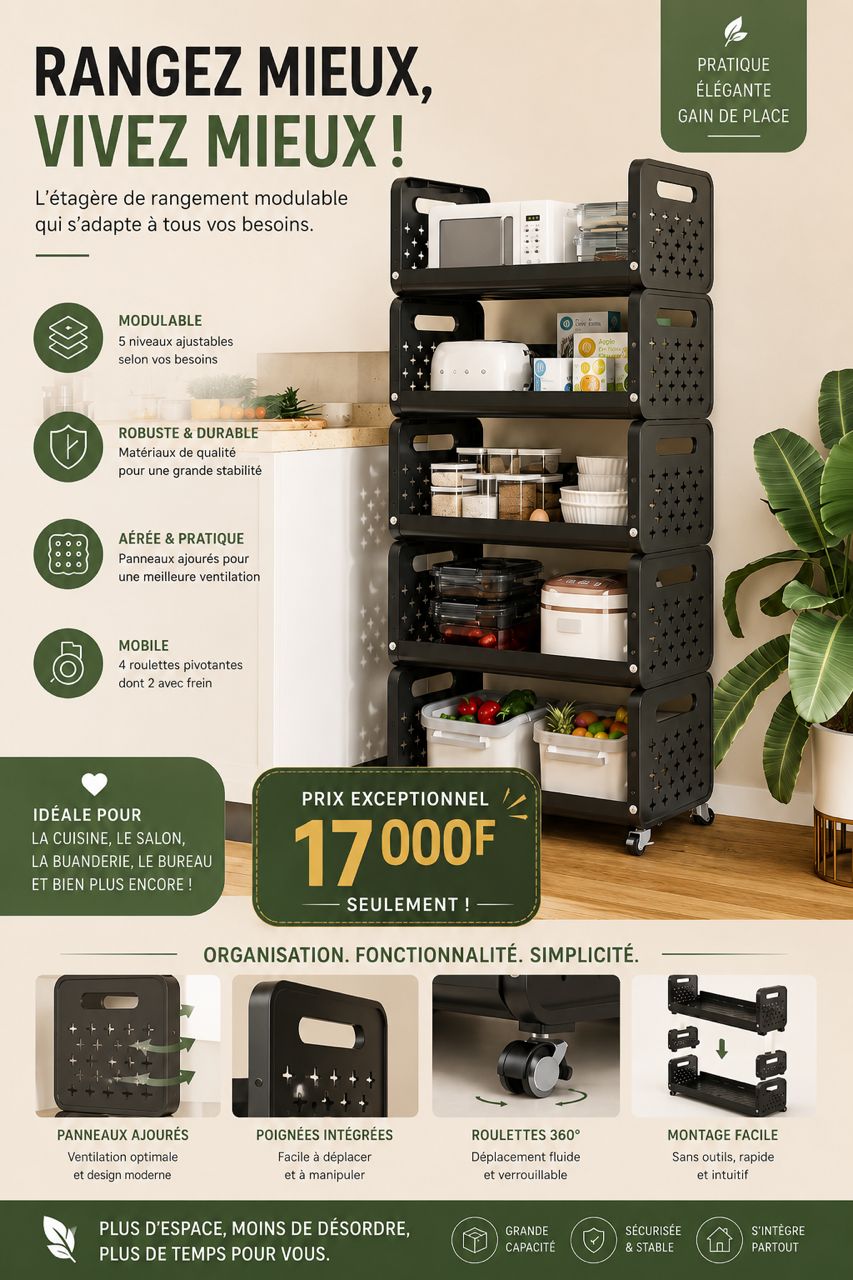 Prix : 17000f au lieu de 38000f . Panier de cuisine support de rangement ménage, ajouter des fruits et légumes multi fonctionnel petit chariots, multi étages, plancher debout mobile, démontable et métal.