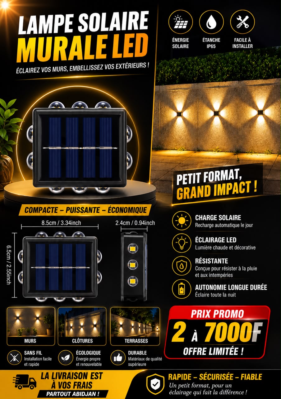Prix : 2 à 7000f au lieu de 16000f Led murale solaire extérieur étanche haut et bas éclairage lumineux pour jardin, clôture décoration lumière du soleil.