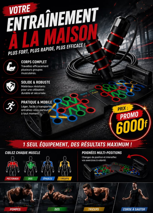 Prix : prix 6000f au lieu de 12000f  . 

Découvrez notre planche à pompe multifonction + corde à sauter. Tu peux te muscler à la maison.