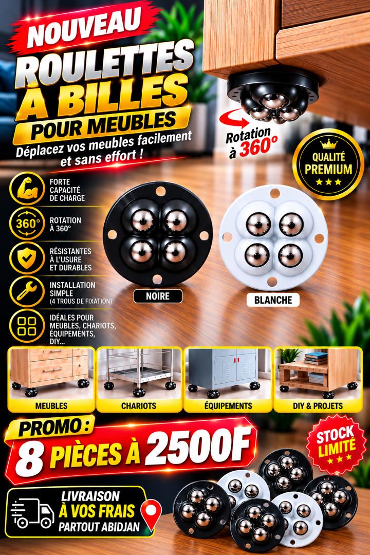Prix : Promo 2500f au lieu de 12000f 

8 roulettes universelles adhésives sans perçage pour meubles accessoires de base mobile pour la maison, petite roues pour poubelle, meuble,