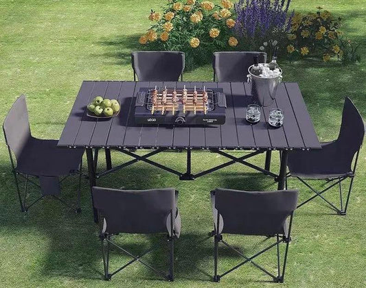 100% Camping💥 promo prix imbattables 💥          
        *Table + 6 chaises pliables (6 pièces / ensemble)*  
✔️ Robuste et légère  
✔️ Idéale pour pique-nique, jardin, camping  
✔️ Facile à plier et transporter