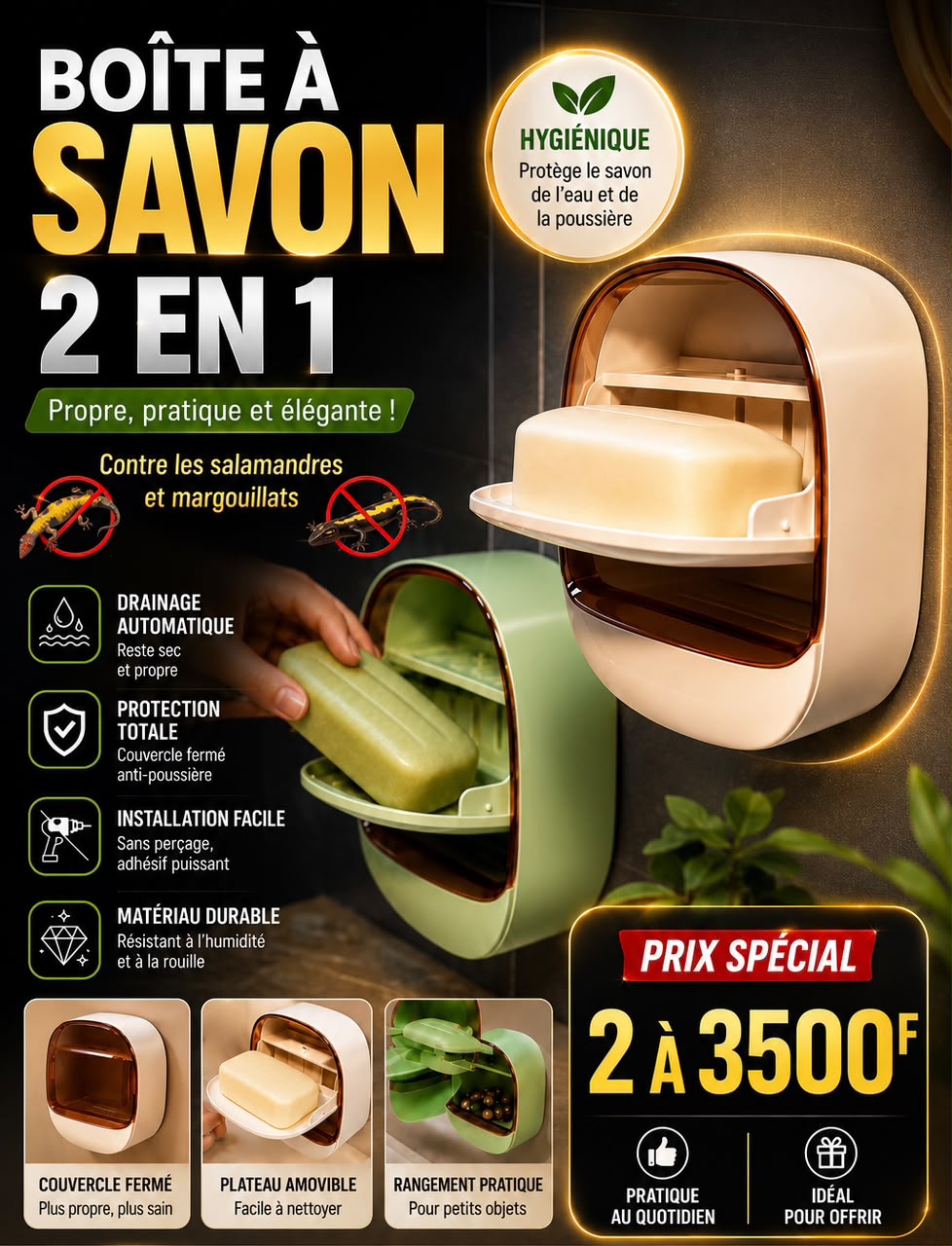 Prix : 2 à 3500f au lieu de 8000f . 

Jolie boîte de savon à savon murale disponible pour la cuisine, la douche et très solides .