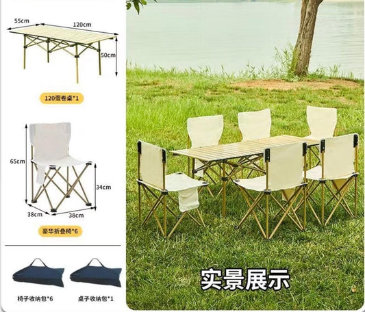 Prix : 35000f au lieu 58000f .       Table solide + 6 chaises pliable solide pour camping, se transforme en petite valise, elle est entièrement non encombrante, facile à transporter, matière en inoxydable.