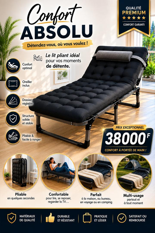 Prix : 38000f au lieu de 58000f .     Lit pickot orthopédique, confort et bien être. Offrez-vous un sommeil réparateur avec notre lit pickot, de haute qualité. Parfait pour le repos, les massages, les patients et camping.