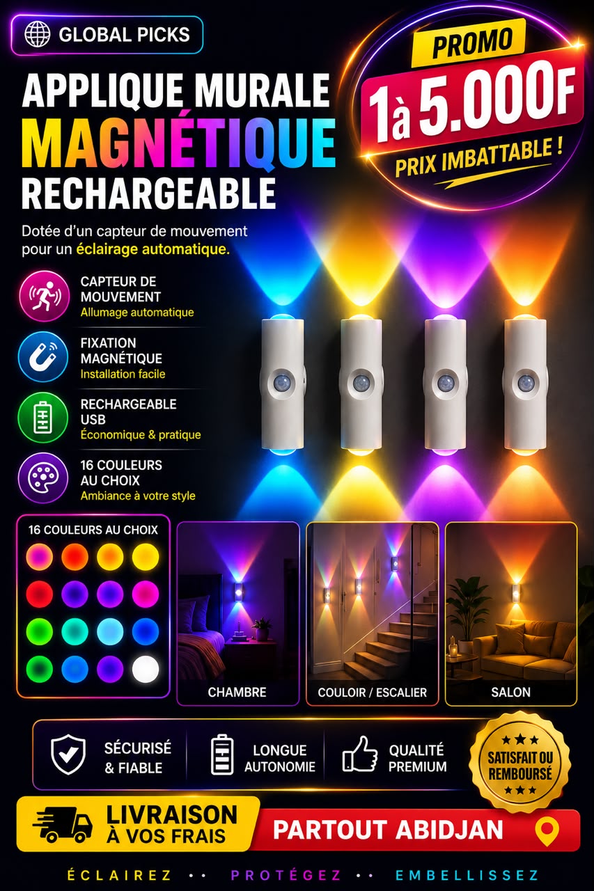Prix : 1 à 5000f au lieu 9000f .      Lampe murale intelligente avec capteur de mouvement magnétique rechargeable pour chambre, salle de bain, placard, jardin et décoration intérieure.