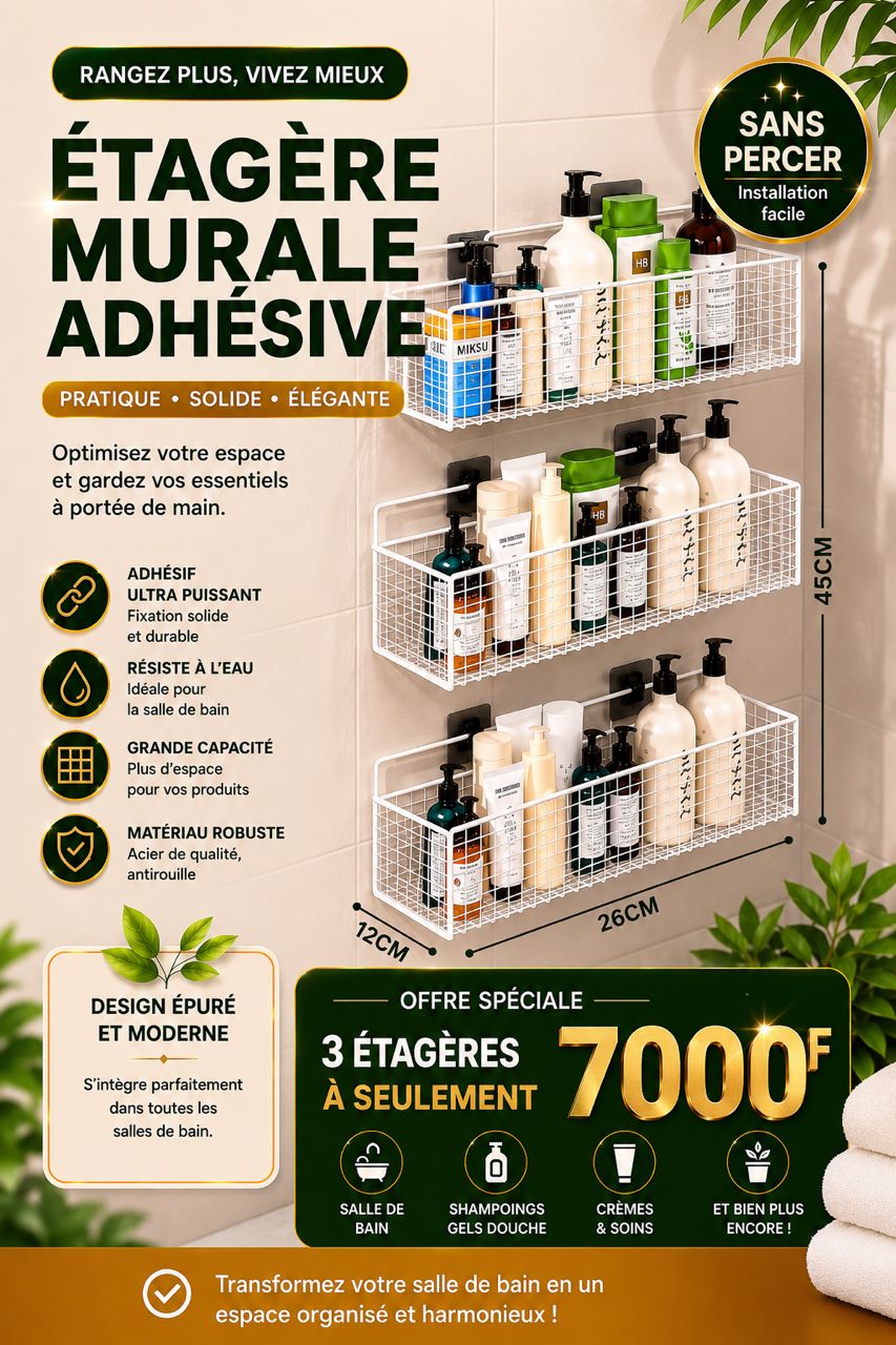 Prix : 3 à 7000f au lieu 11000f.        Organisateur de salle de bain multifonctionnel, étagère de salle de bain sans poinçon, support de rangement mural pour la salle de bain et cuisine.