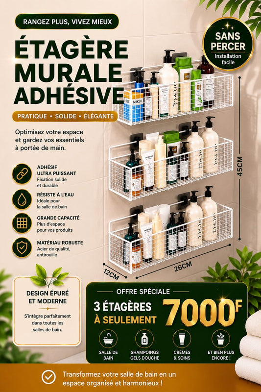 Prix : 3 à 7000f au lieu 11000f.        Organisateur de salle de bain multifonctionnel, étagère de salle de bain sans poinçon, support de rangement mural pour la salle de bain et cuisine.
