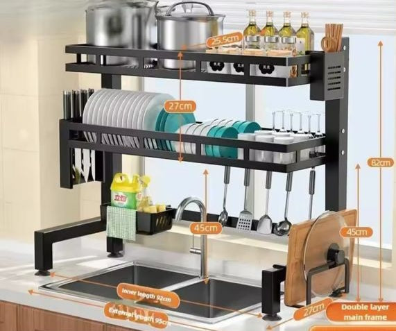 🛍️ Égouttoir à vaisselle en acier inoxydable au-dessus des l'évier avec porte-ustensiles, organisateur de rangement double couche pour comptoir de cuisine pour vaisselle, couteaux et fourchettes.