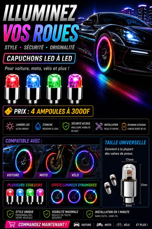 Prix : 4 à 3000f au lieu 10000f .    Transformer votre vélo, moto où voiture avec ses lumières Led pour valves de roues, ultra facile à installer, elles s'activent automatiquement en roulant.