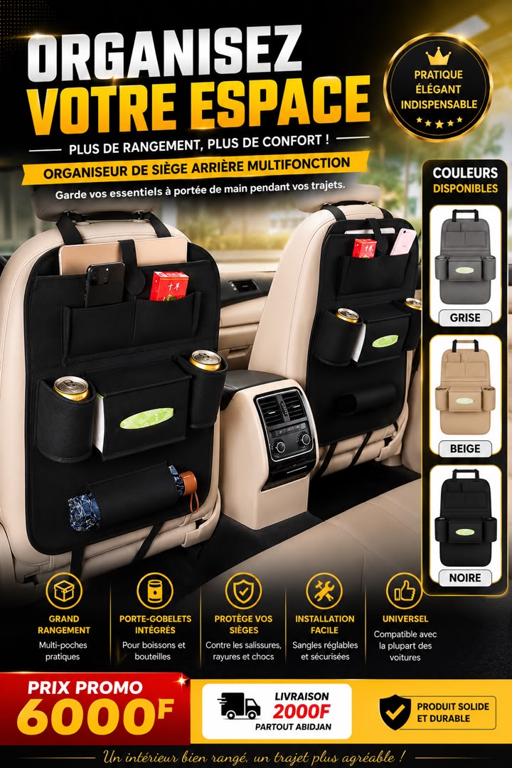 Prix : 1 sac à 6000f au lieu 10000f    Nouveau sac de rangement pour siége de voiture, sacs suspendu pour dossier de siège, produit pour le rangement des véhicules.