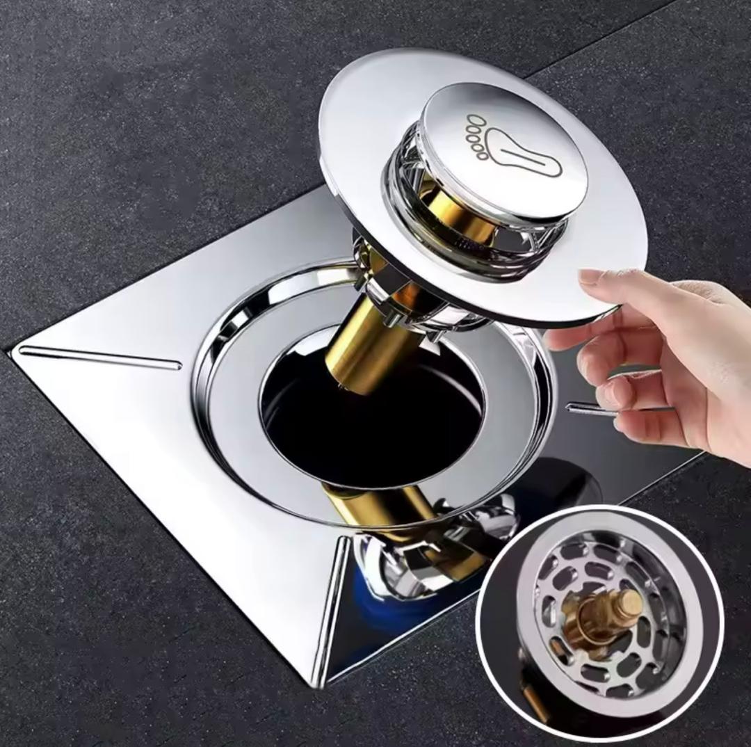 Prix : 2000f au lieu  6000f .       Siphon de sol rond à pied escamotable, couvercle HOFloor, salle de douche, bouchon de vidange à pousser vers le bas, drain de douche en acier inoxydable.