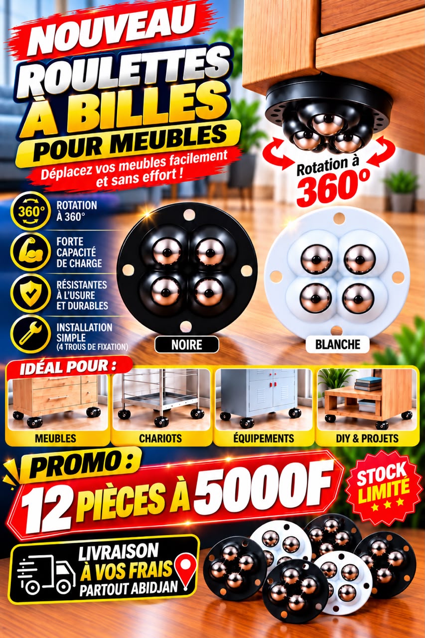Prix : Promo 12 à 5000f au lieu de 12000f 

12 roulettes universelles adhésives sans perçage pour meubles accessoires de base mobile pour la maison, petite roues pour poubelle, meuble,