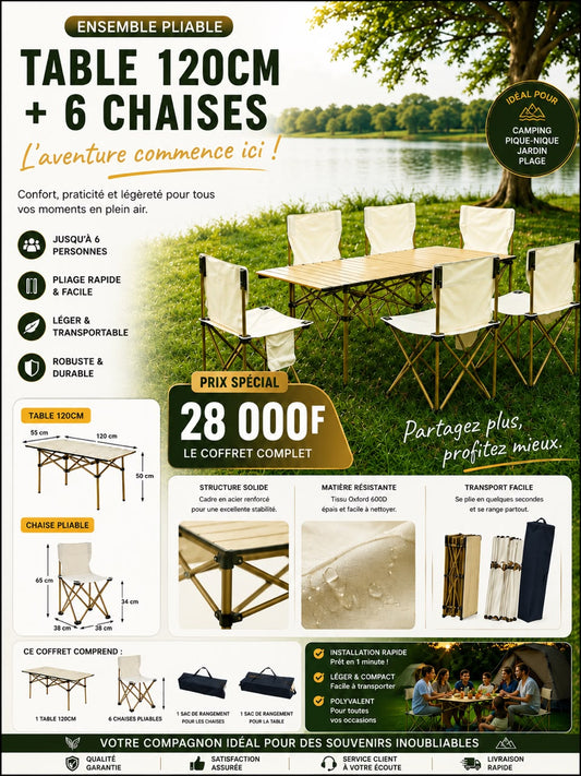Prix : Promo 28000f au lieu de 68000f .

Table + 6 chaises pliable solide pour camping, se transforme en petite valise , elle est entièrement non encombrante , facile à transporter, matière en inoxydable.