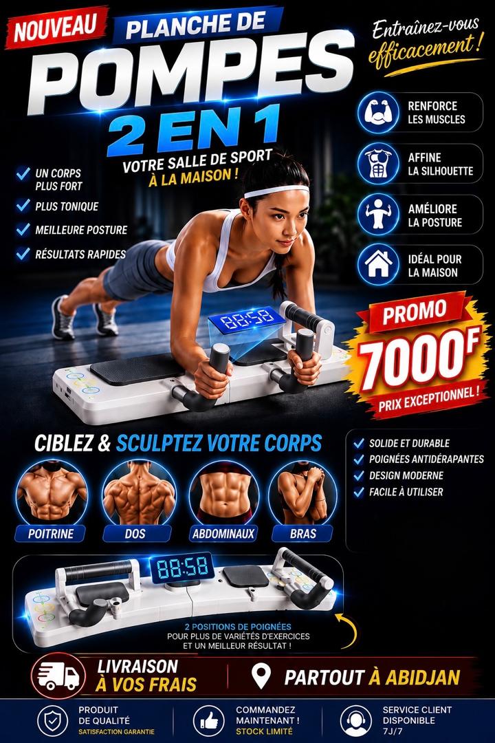 Prix : Promo 7000f au lieu de 28000f .

Entraineur de soutien plat de support de poussée pour les muscles de la poitrine et abdominaux , planche auxiliaire multifonctionnelle d'équipements de fitness domestique.
