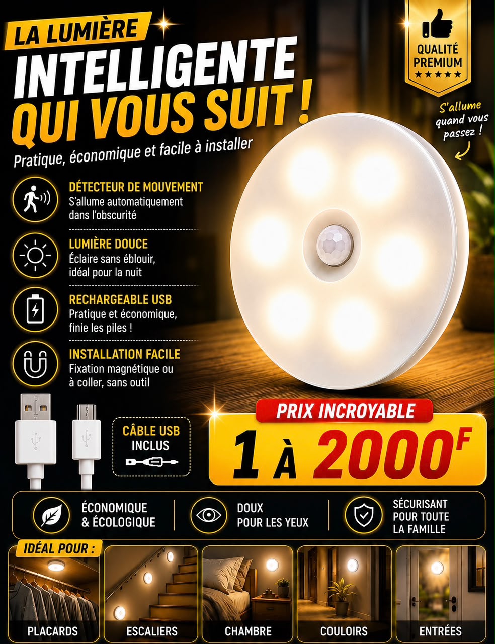 Prix : 1 à 2000f au lieu de 7000f . 

Veilleuse LED aste pas USB avec détecteur de mouvement , lampe sans fil pour armoire de cuisine, lampe de garde robe , lumière d’escalier.