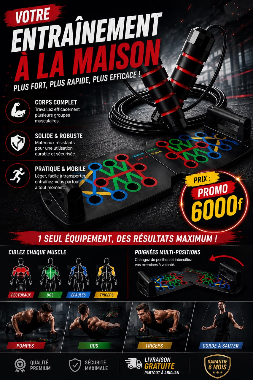 Prix : 6000f au lieu de 12000f .       Découvrez notre planche multifonction + corde à sauter offerte.