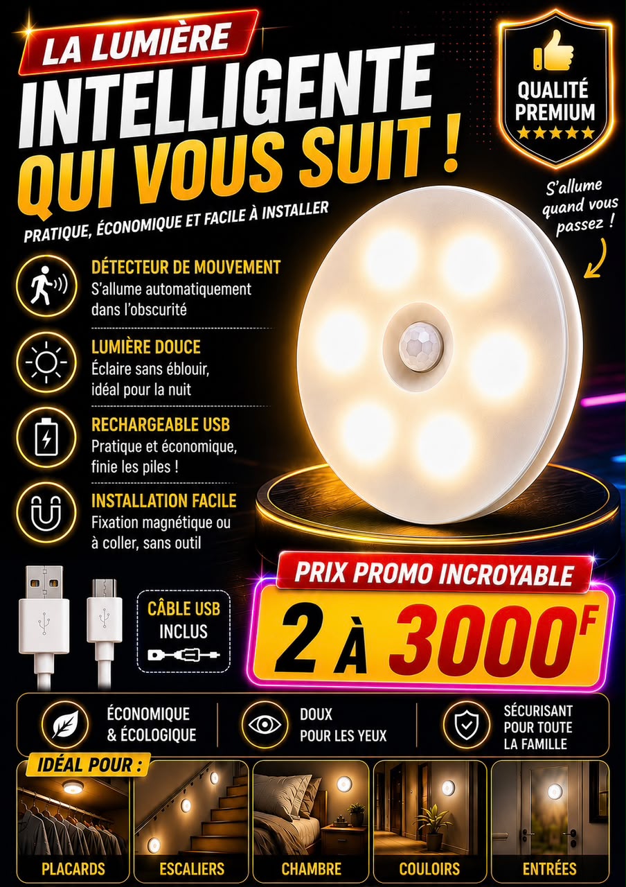 Prix : 2 à 3000f au lieu de 12000f . 

Veilleuse LED aste pas USB avec détecteur de mouvement , lampe sans fil pour armoire de cuisine, lampe de garde robe , lumière d’escalier.