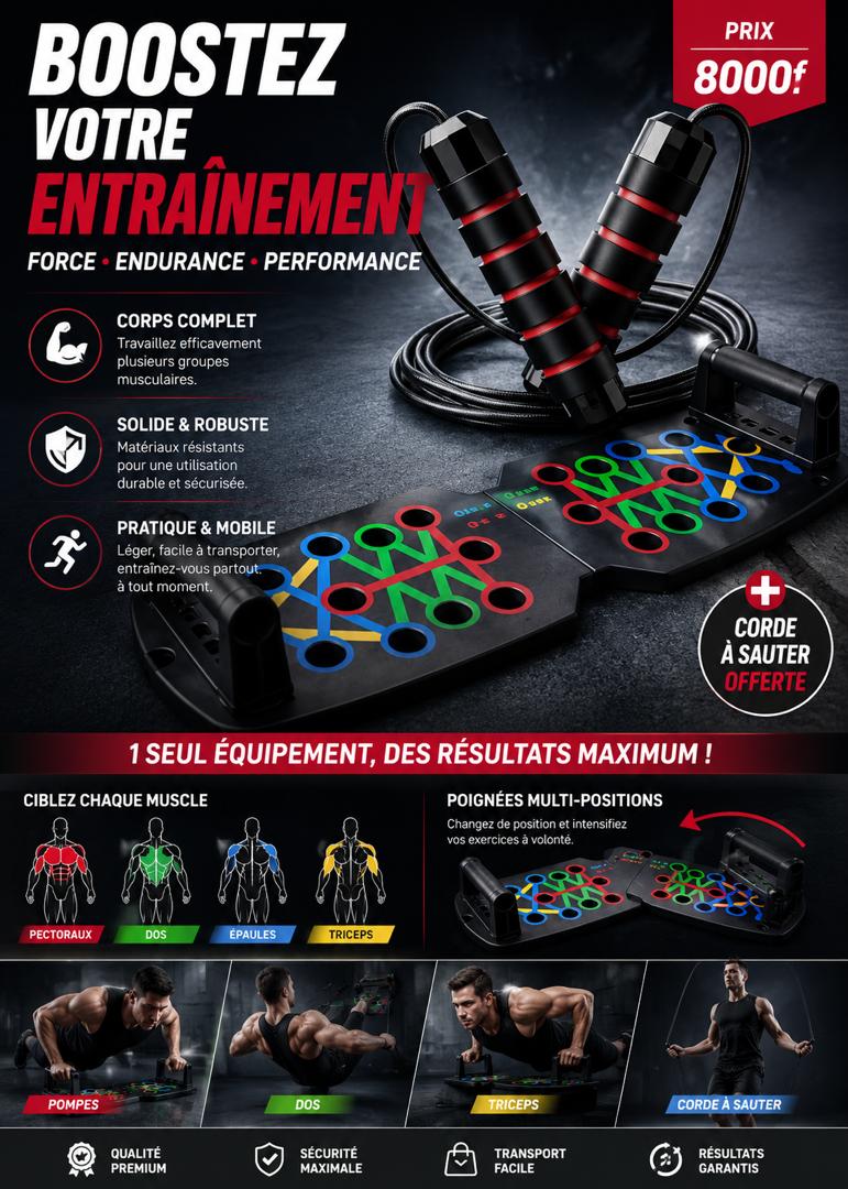 Prix :  8000f au lieu de 18000f  .     Découvrez notre planche à pompe multifonction + corde à sauter offerte. Tu peux te muscler à la maison.