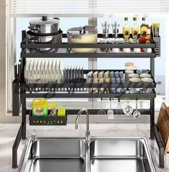 🛍️ Égouttoir à vaisselle en acier inoxydable au-dessus des l'évier avec porte-ustensiles, organisateur de rangement double couche pour comptoir de cuisine pour vaisselle, couteaux et fourchettes.