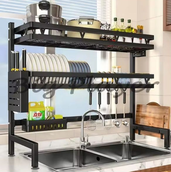 🛍️ Égouttoir à vaisselle en acier inoxydable au-dessus des l'évier avec porte-ustensiles, organisateur de rangement double couche pour comptoir de cuisine pour vaisselle, couteaux et fourchettes.