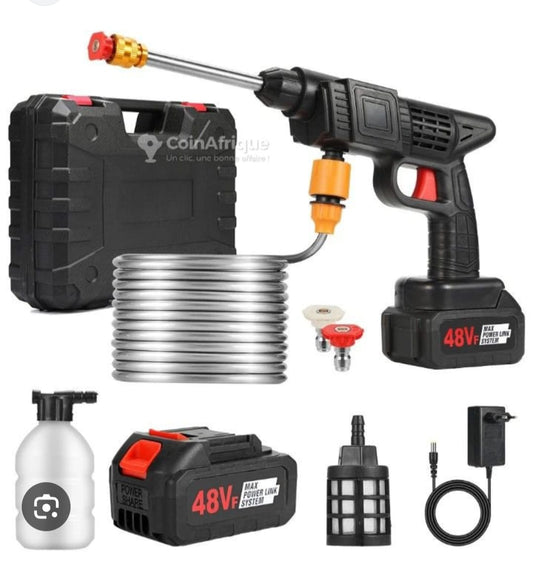 Pistolet à eau de lavage de voiture, 2 batterie de 48 volts, batterie au lithium, haute tension, pression maximale : 90 BAR, puissance moteur : environ 200w , temps de charge : 4 h du temps.