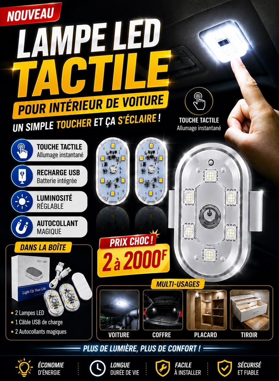 Prix : 2 à 2000f au lieu de 6000f

Lampes LED adhésives sans fil pour voiture, éclairage d’ambiance pour toit et pieds , éclairages LED intérieur de voiture , lumière tactile magnétique.
